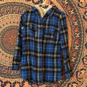 Flannel with built-in hoodie.